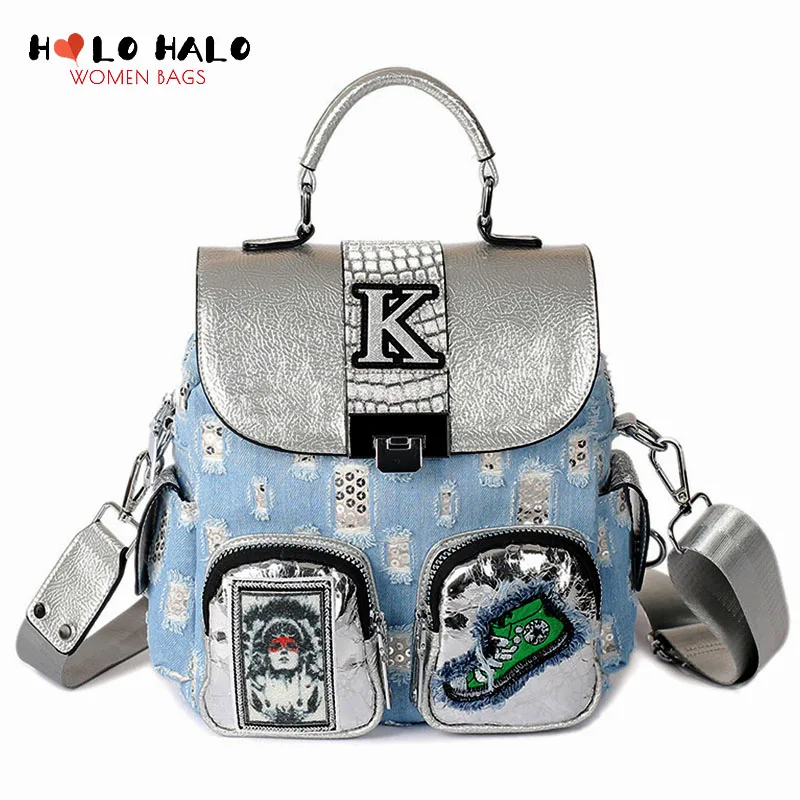 

Fashion Sequins Backpack Personality Crossbody Bag for Women Casual Shoulder Bag Female Printing Designer Bag Solid Color Denim