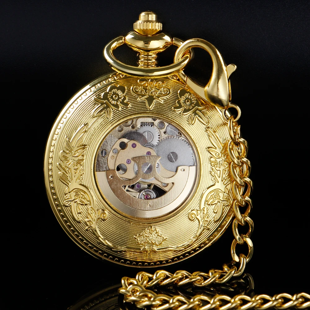 New Gold Transparent Roman Digital Mechanical Pocket Watch Vintage Hollow-Out Case Analog Skeleton Men's Mechanical Pocket Watch