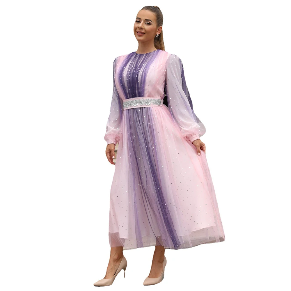 New Middle East Mslalb Simple Ladies Long-sleeved Gauze Dress Sweet Girl Robe Elegante Femme Vestidos Arabes Dubai Y Turcos
