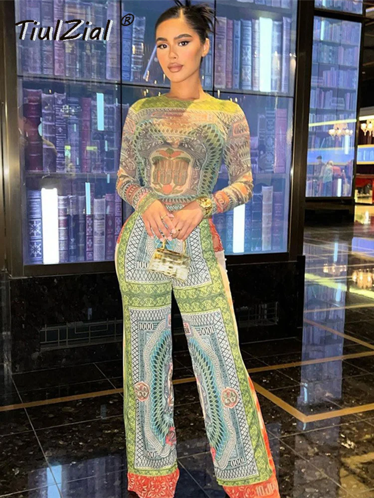 

TiulZial Print Vitnage Women Outfit Trouser Suit Mesh Top And Wide Leg Pant See Though Summer Loungewear Tracksuit 2022
