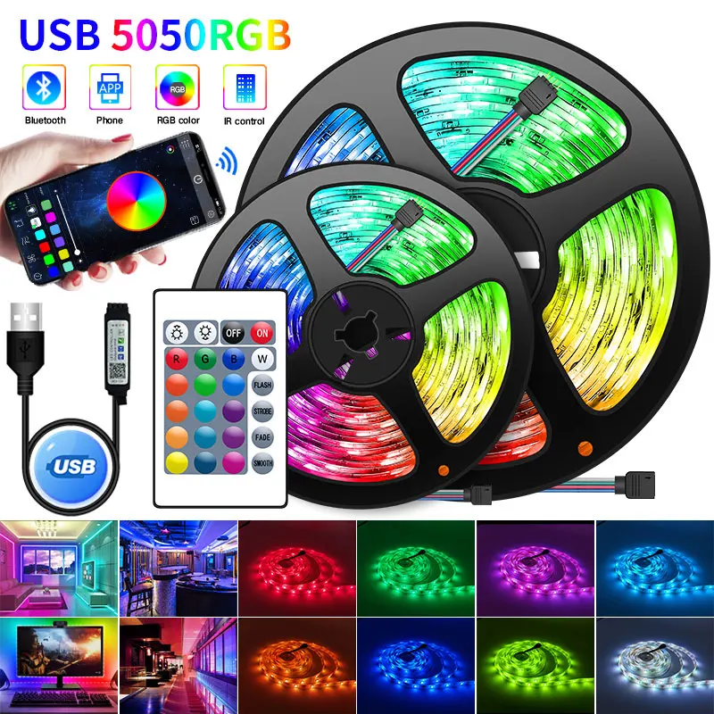 1-30M LED Strip Light RGB USB Flexible Lamp Tape 5050 Diode USB Cable Bluetooth Control DC 5V Desk Screen TV Background Lighting