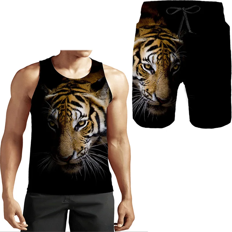 

Summer Men's 3D Tigrt Casual Men Sets Shorts Outfits Tiger Tank Tops +Shorts Male Suit Sportwear Men's Clothing
