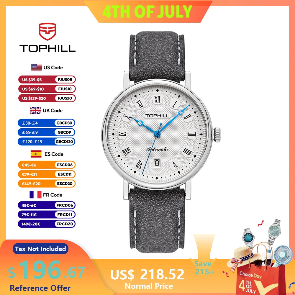 Фото Часы TOPHILL, 40 мм, автоматические механические часы, 5 атм, механизм Miyota 9015, автоматические часы, сапфировые часы из нержавеющей стали, деловые часы №1