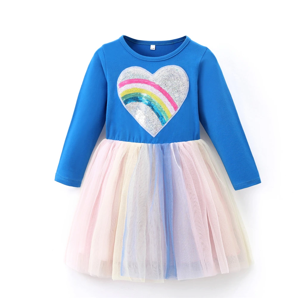 Girls Fashional Long Sleeved Rainbow Color Tulle Sequin Applique Sparkled Heart Kids Party Dress