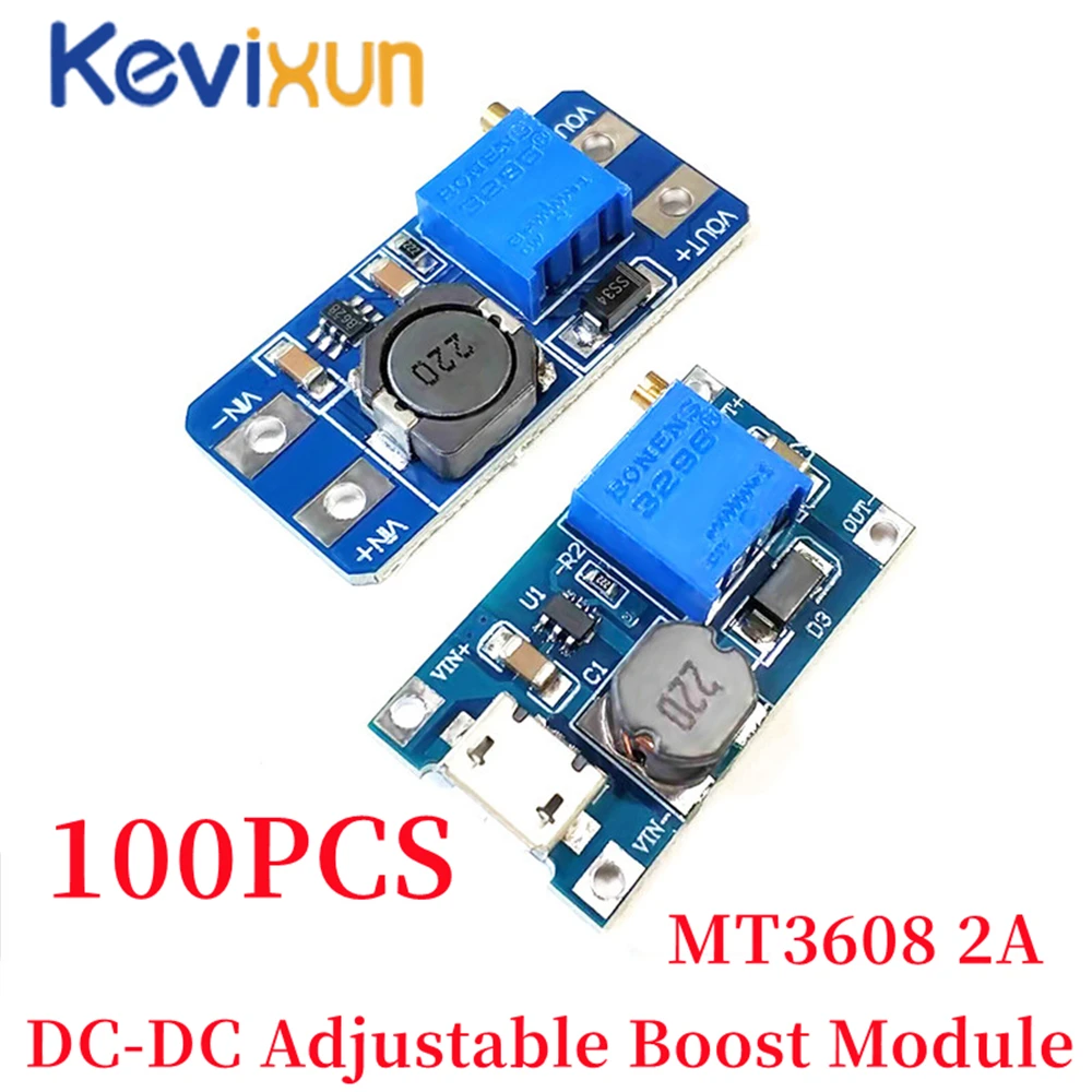 

100PCS/ MT3608 DC-DC Adjustable Boost Module 2A Boost Plate Step Up Module with MICRO USB 2V-24V to 5V 9V 12V 28V