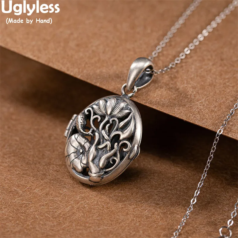 

Uglyless Hollow Opening Photo Folder Pendants for Women Thai Silver 925 Silver Buddha Hand Lotus Necklaces NO Chains Photo Clips
