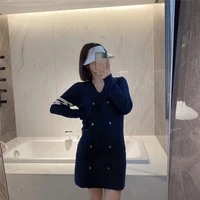 spring korean version of the niche v neck design double breasted hip skirt long sleeved knitted dress tb college style ins tide