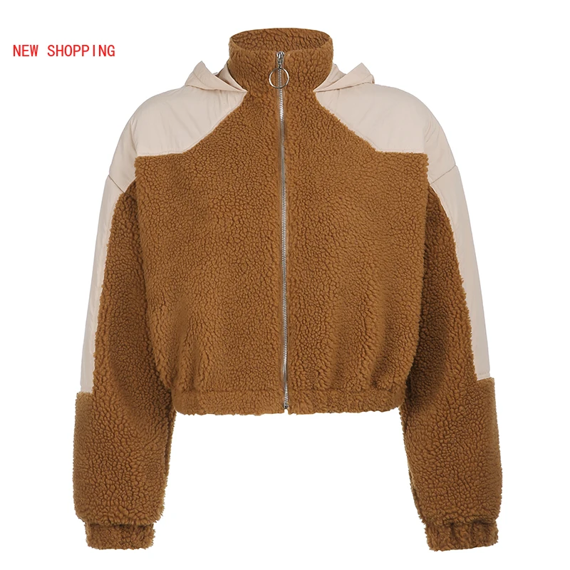 Winter Thick Warm Cotton Coats Patchwork Teddy Bubble Parkas Women Brown Outwear Fur Trim Hooded Faux Fur Coats Bomber Jacket