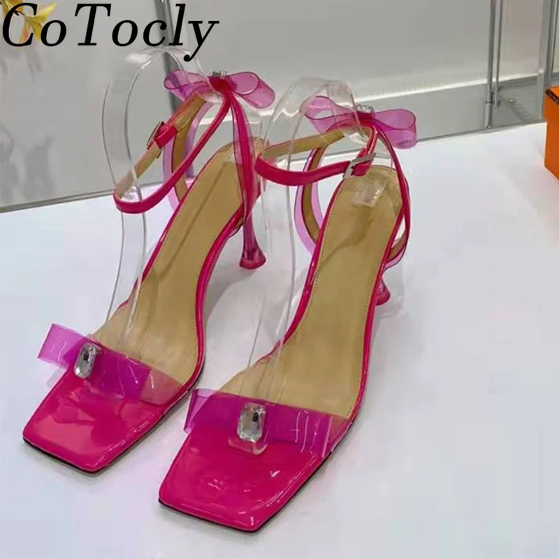

PVC Sandals Women High Heels Butterfly-knot Crystal Shoes Female Ankle Strap Runway Shoes Woman Clear Heels Summer Sandalias