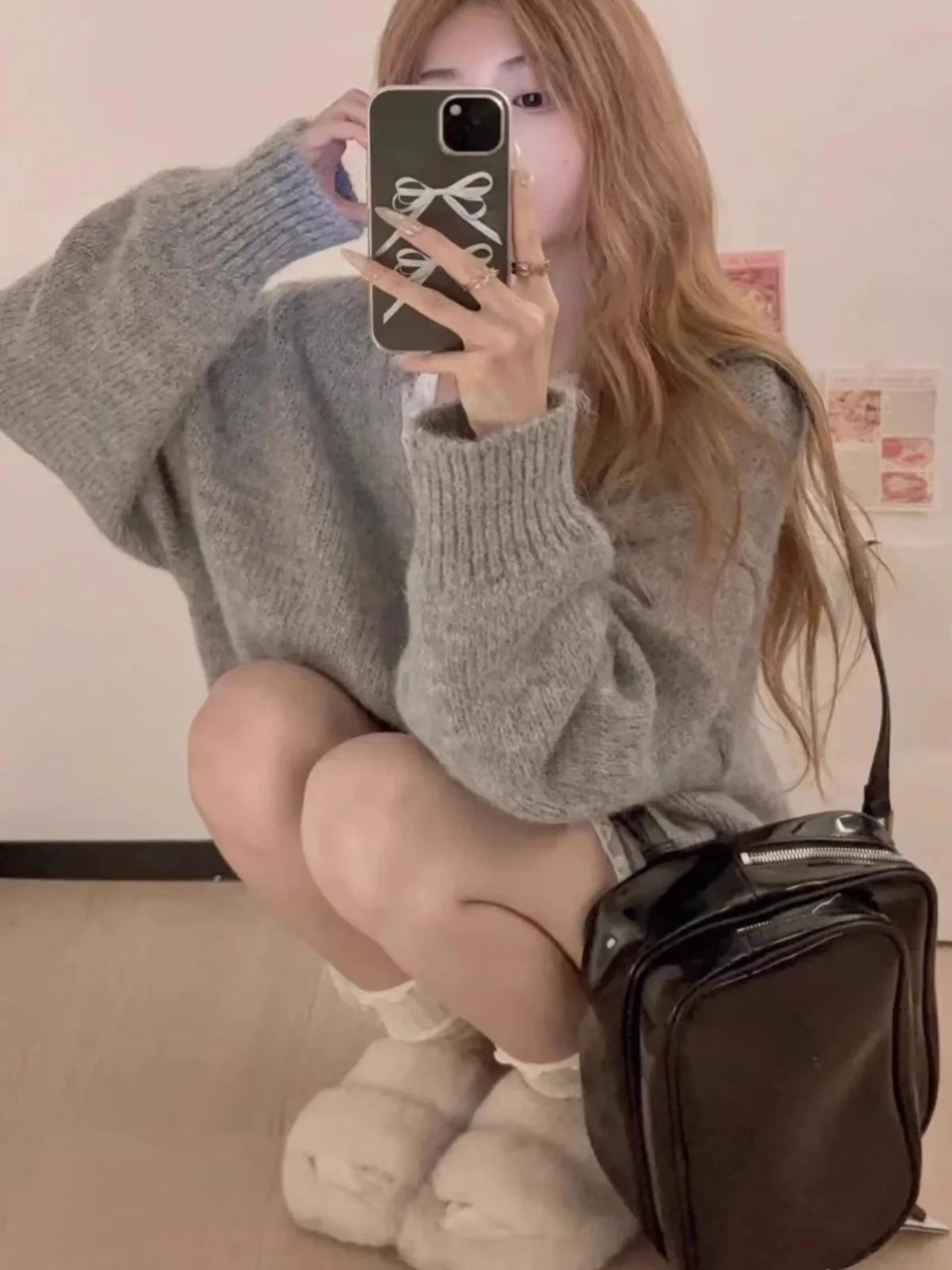 Кружевной свитер с круглым вырезом верхняя одежда женская осенний серый