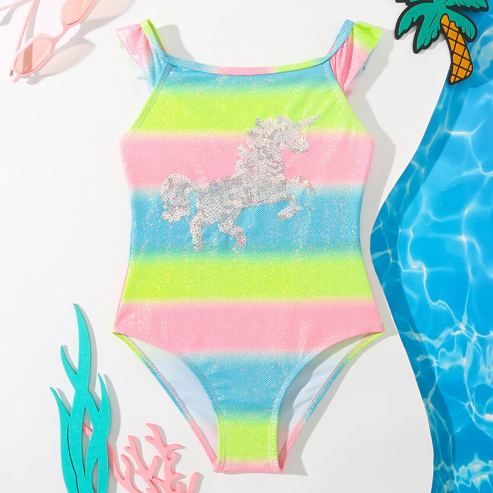 

Unicorn Sequins Girl One Piece Swimsuit Kids Ruffle Strap Children's Swimwear 2-8 Years Ombre Toddler Bathing Suit Monokini 2023