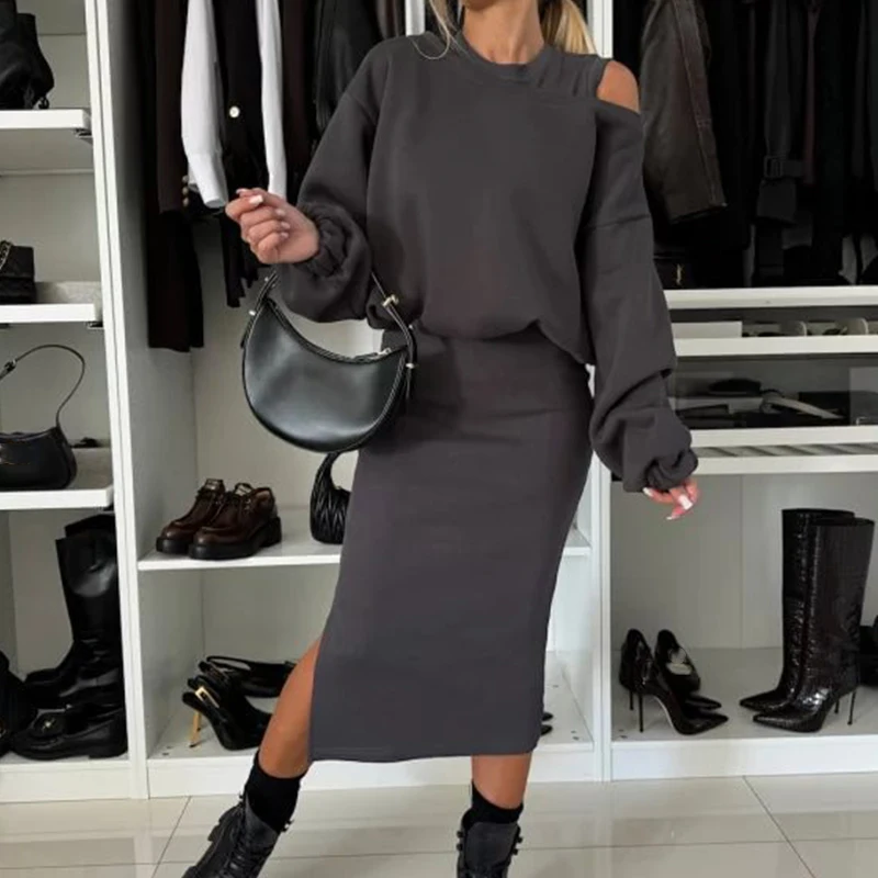 Женский винтажный костюм из 2 предметов повседневный Однотонный свитер с длинным