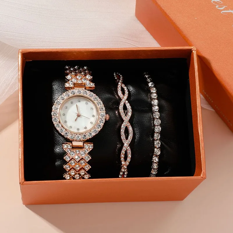 3PCS Fashion High end Small Fresh Women's Full Zircon Exquisite Watch Set Commemorative Festival Gift Gift Best Choice
