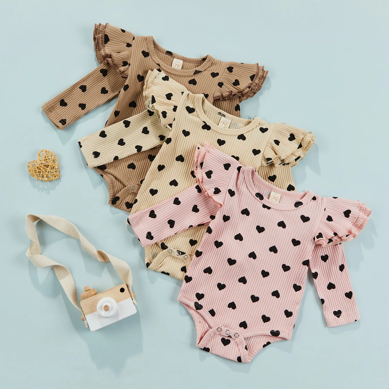 

Боди с сердечками для новорожденных, комбинезон в рубчик с длинным рукавом и круглым вырезом, короткая одежда