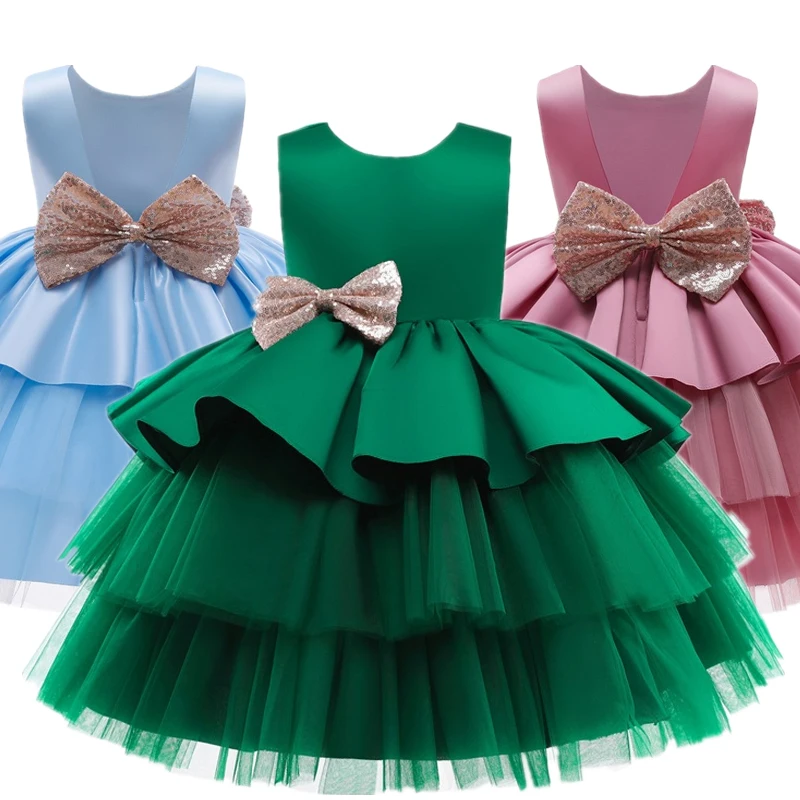 

Sequines Big Bow Baby Girl Dress Wedding Ceremony Flower Girl Clothes 0-5T Infant Girls Birthday Party 3 Layers Princess Dresses