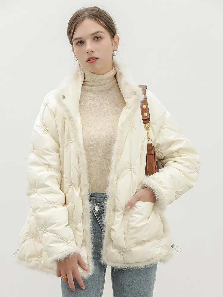 Winter 90% White Duck Down Jacket Women Mink Fur Stitching Thickened Warmth Loose Fit Puffer Embroidery Bread Coat