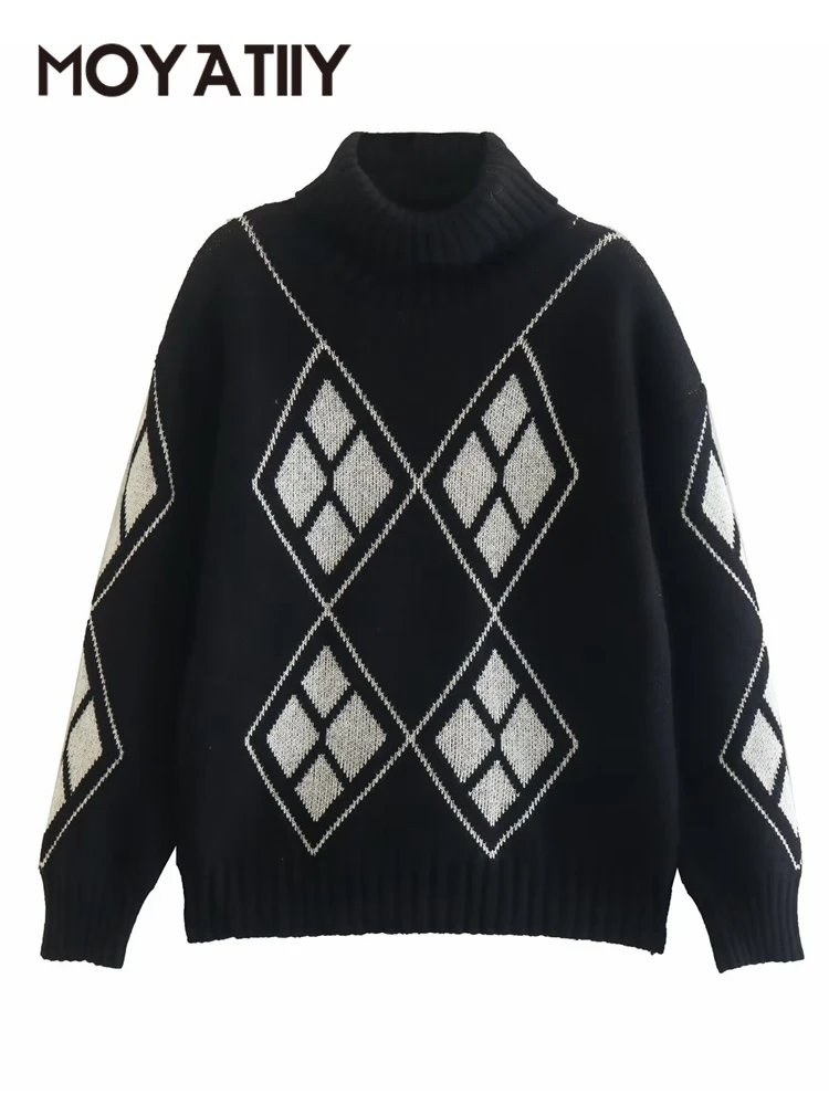 

MOYATIIY 2022 Winter Women Sweater Fashion Chic Plaid Turtleneck Pullovers Sweaters Vintage Ladies Knitted Jumper Tops