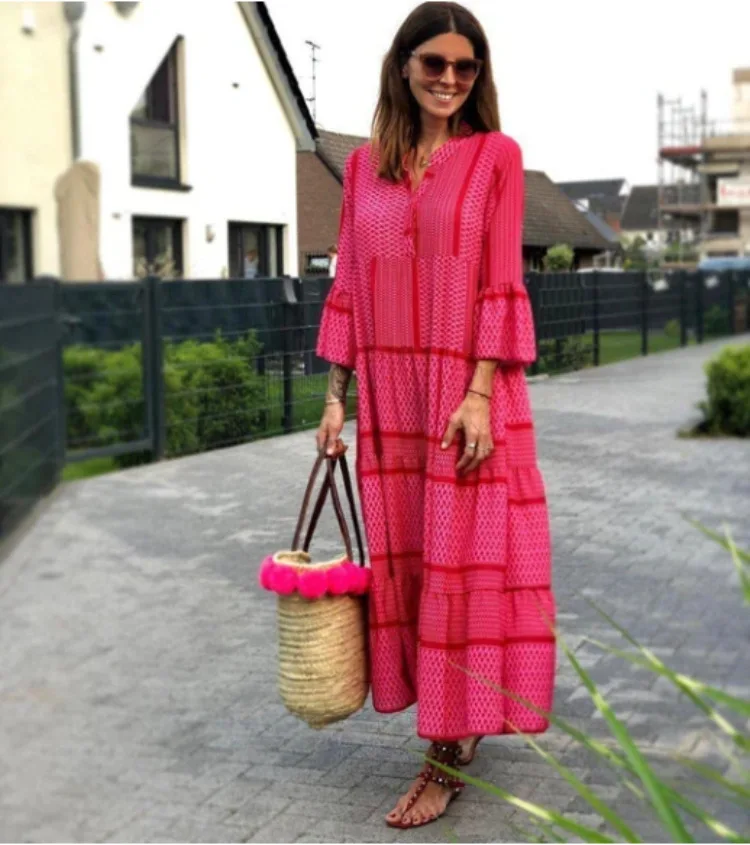 

2022Spring and Summer, New Ladies' V-neck Printed Long Skirt Selling Trumpet Sleeves Holiday Long Skirt In Stock