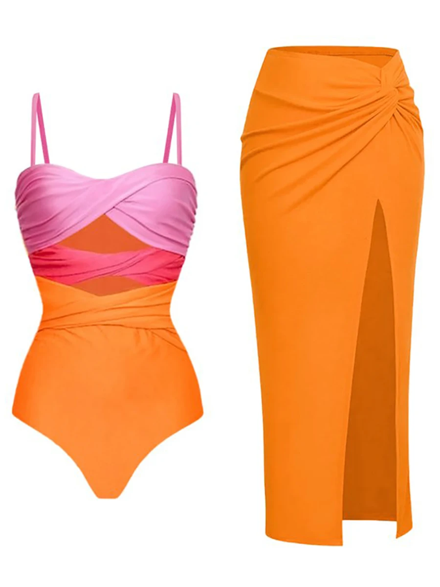 

Женский ажурный купальник на бретельках, Раздельный облегающий купальник-бикини с глубоким V-образным вырезом, Пляжная накидка оранжевого цвета, роскошный стиль 2023