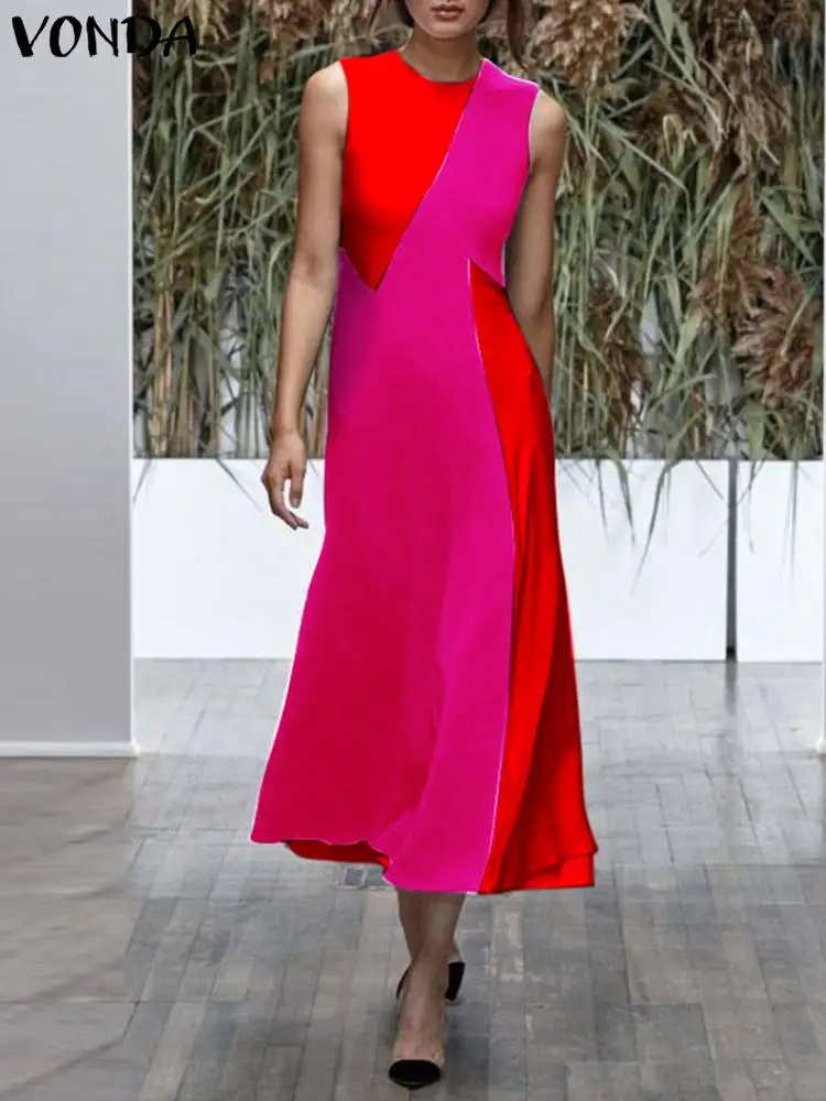 

VONDA 2022 женское Элегантное повседневное миди платье цветное ТРАПЕЦИЕВИДНОЕ сарафан с круглым вырезом без рукавов женское платье пэчворк Дли...