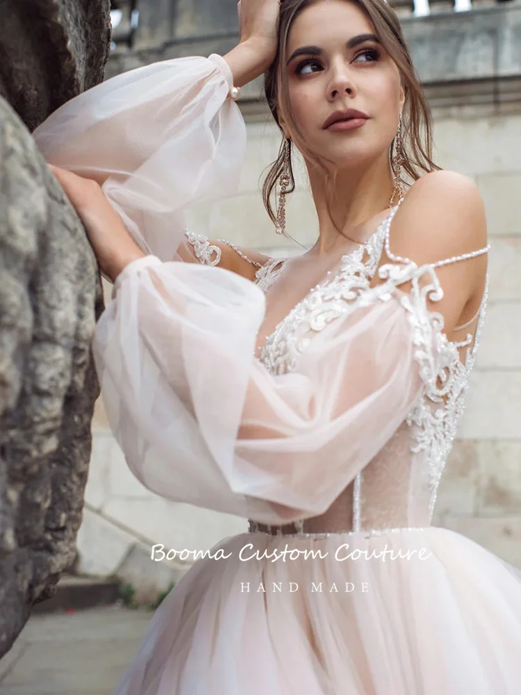 Женское платье с длинным рукавом Booma розовое свадебное в стиле бохо кружевное