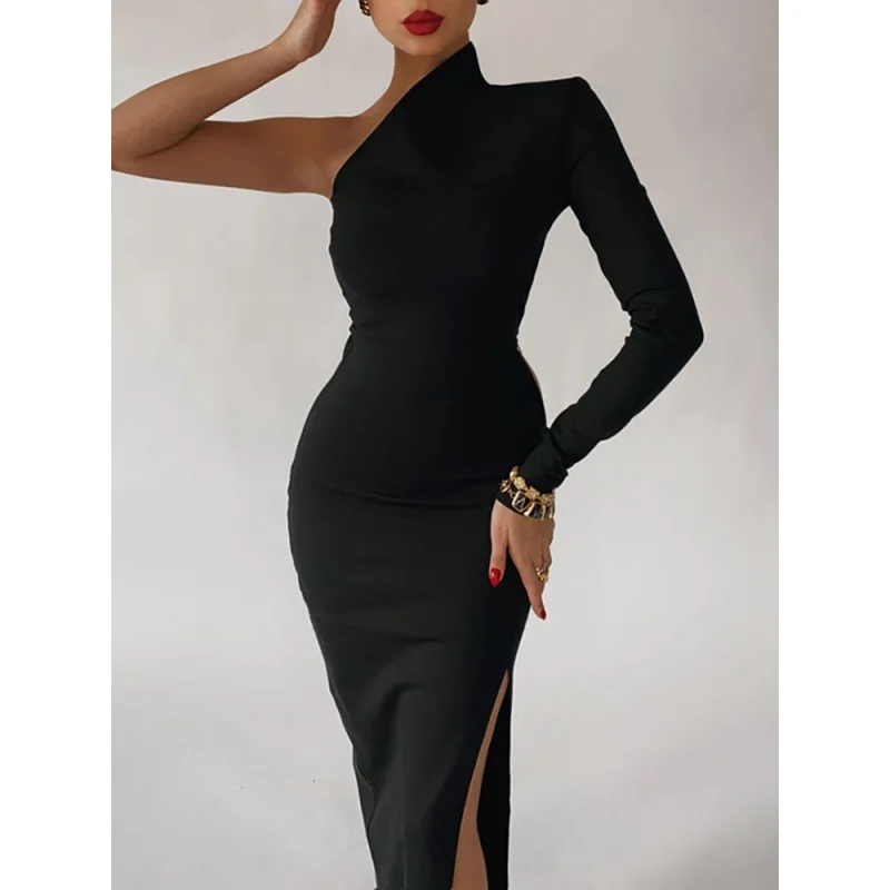 

Long Elegant Dresses for Women's Summer One Shoulder Maxi Dress Bodycon Sexy Black Slit Fomal Wedding Evening Party Dress 20. 22