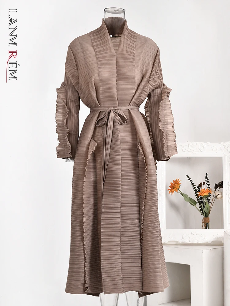 

LANMREM повседневное плиссированное платье с поясом для женщин с v-образным вырезом и длинными рукавами, дизайнерские платья для вечерние, модная женская одежда 2023, 2YAa1324