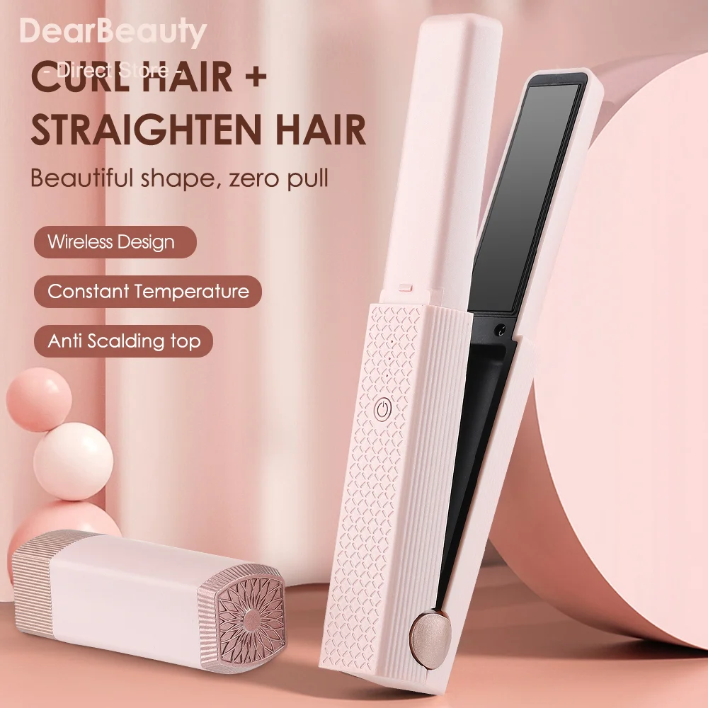 

2 in 1 USB Cordless Hair Straightener Splint Hair Styling Curler Pink Curling Portable Travel Dorm for Student Unique Gift