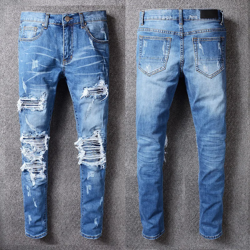 

Quality New Men's High Casual Patch Work Ripped Destroyed Distressed Ribs Slim Boys Blue Washed Stretch Denim Jean Size 28-40