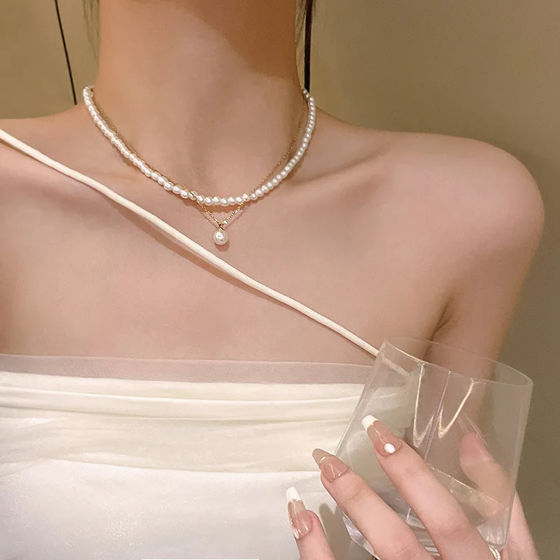 

Noble double layer pearl necklace, women's senior design sense, fashion temperament, collarbone chain