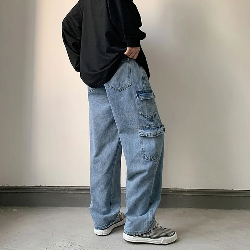 Baggy Men Jeans Straight Cargo Pants Spring Autumn Fashion Vintage Blue Denim Trousers Casual Oversized Bottoms Male Y2K Clothes