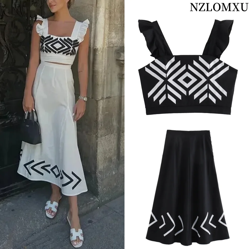 Женский Комплект Из Двух Предметов: Топ С Геометрическим Принтом И Бретелями.