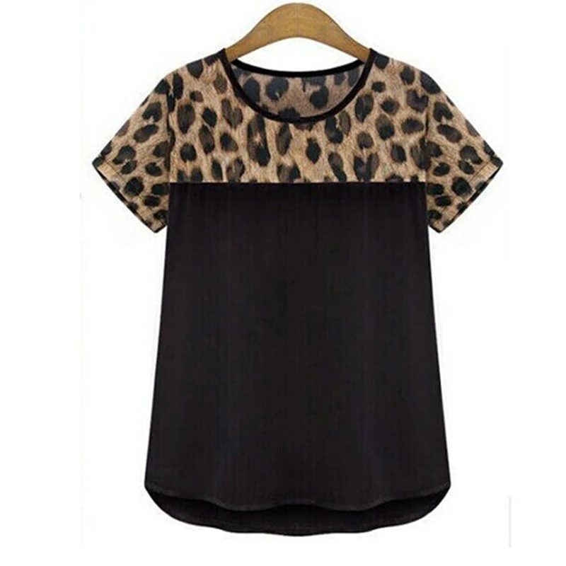 

2022 Summer New Fashion Chiffon Casual Women T Shirt Tops White Black Leopard Patchwork Short Sleeve O Neck Ladies Tees T- Shirt