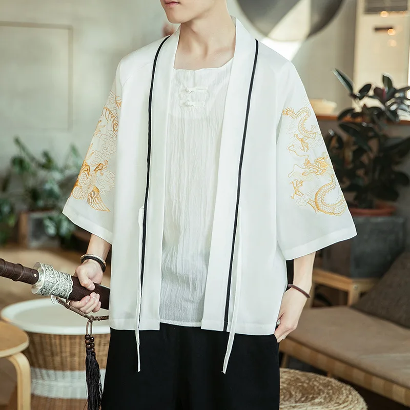 Traditional Chinese Men Cardigan Kimono 3/4 Sleeve Hanfu Summer Cotton Large Size Home Bathrobe Robe Casual Loose Coat