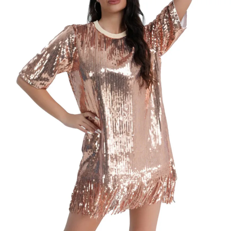 

Женское мини-платье с блестками и бахромой, вечерняя модель, летняя одежда 2023, модное роскошное платье с коротким рукавом и круглым вырезом, сексуальная клубная уличная одежда
