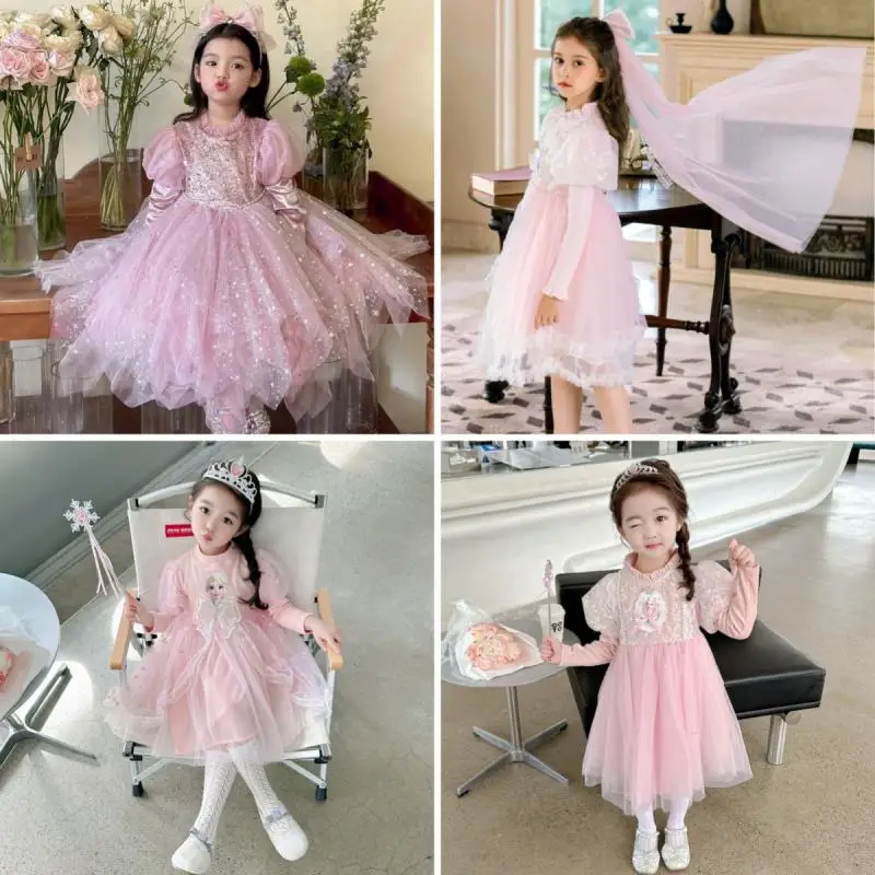 

Kawaii Disney Frozen Elsa Long Sleeved Princess Dress Cartoon Pink Birthday Party Princess Mesh Skirt Cute Girls Christmas Gifts
