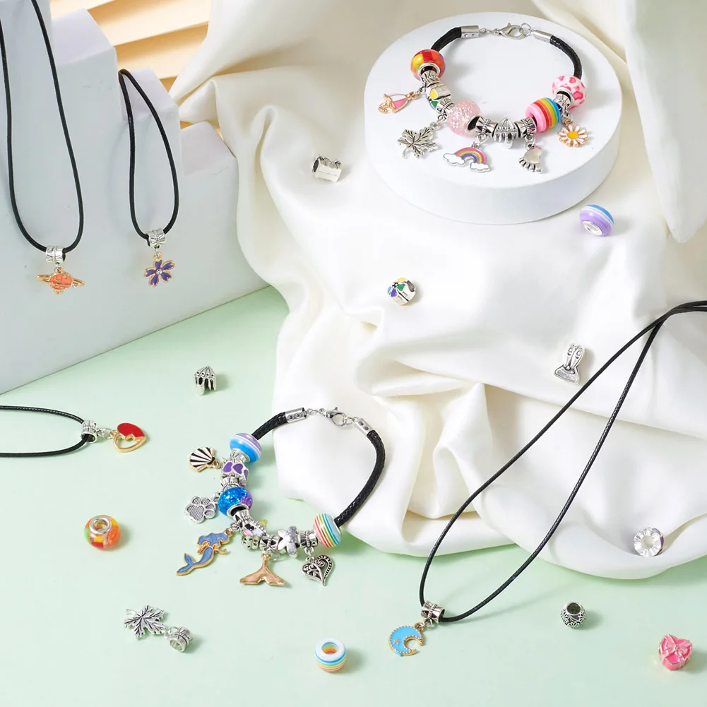 1 Box Colorful European Rhinestone Glass Beads Snake Chain Dangle Charms Waxed Cord Bangle Bracelet Necklace DIY Jewelry Making