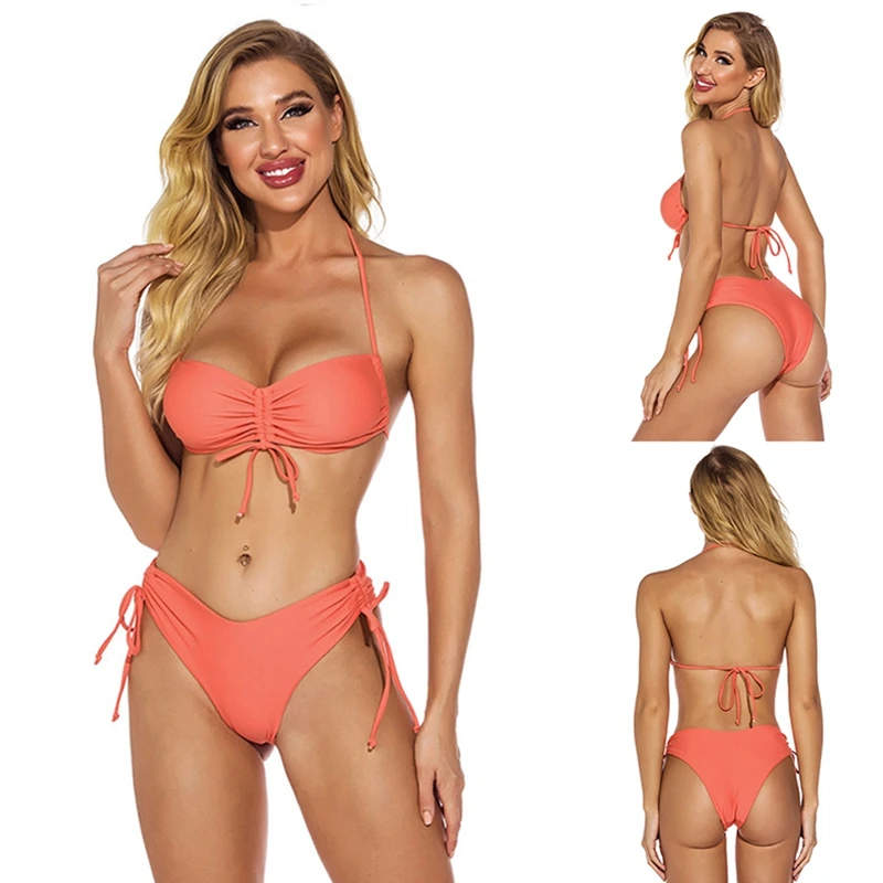 

Women Halter Lace-Up Drawstring Frills Solid Color Split Swimsuit Feminine Orange