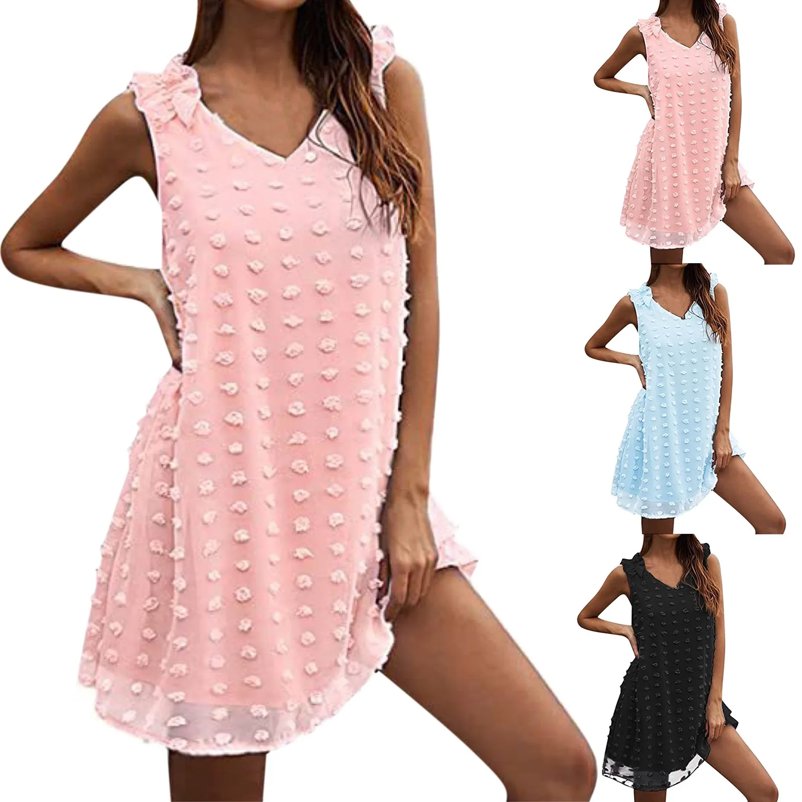 

plus Size Beach Dress Women's Sleeveless Dress Polka Dot Poms V Neck Ruffle Jacquard Polka Dot Casual Satin Midi Dress for Women