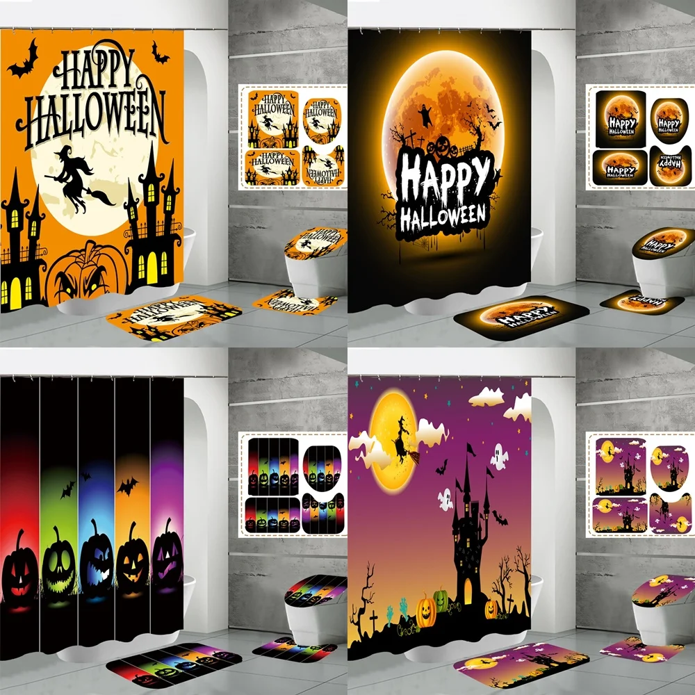 Scary Halloween Shower Curtain Sets Moon Pumpkin Holiday Party Bat Witch Non-Slip Rugs Toilet Lid Cover Bath Mat Bathroom Decor
