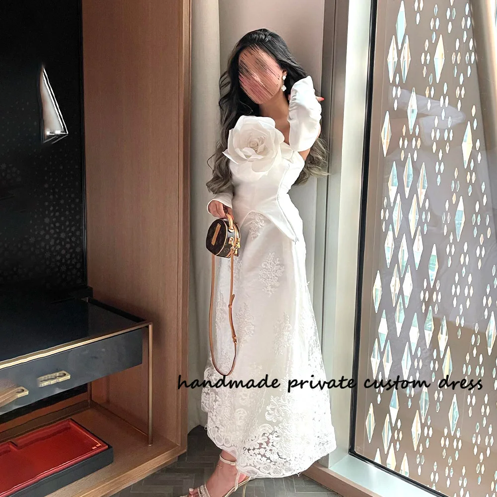 

White Luxury Mermaid Saudi Arabic Wedding Party Dresses Lace Tulle Flower Strapless Bride Dress Ankle Length Wedding Gowns