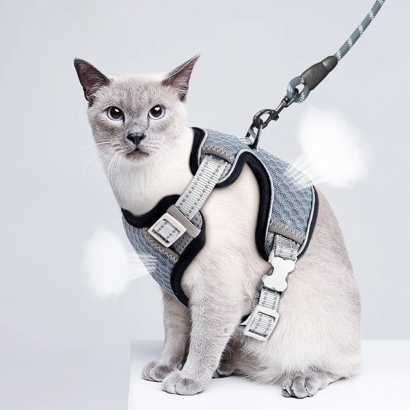 

Регулируемая шлейка для кошек, дышащая Светоотражающая шлейка для котят, жилет для кошек, поводок, комплект, ошейник для прогулок, аксессуары для домашних животных