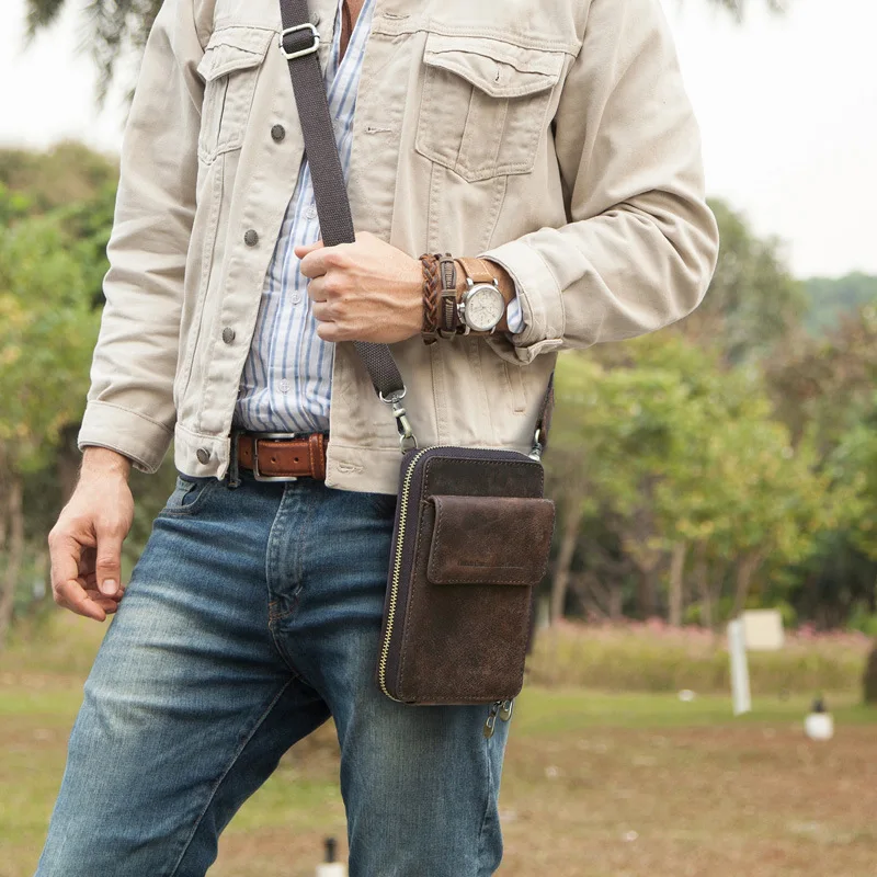 Men's Crossbody Bag Genuine Leather Shoulder Sling Bag Small Messenger Waist Pack Multifunctional Long Wallet for Men