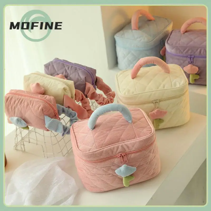 

Large Capacity Cute Makeup Bags Cream Lamp Corduroy Basket Tulips Female Travel Make Up Bag Makeup Bag Handbags Saving Space