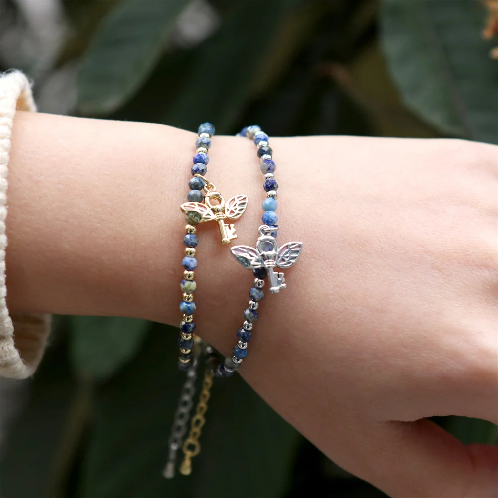 

EYIKA Boho Style Handmade Semi Precious Stone Women Bracelet Enamel Wings Key Pendant Friendship Copper Bead Chain Gift Jewelry