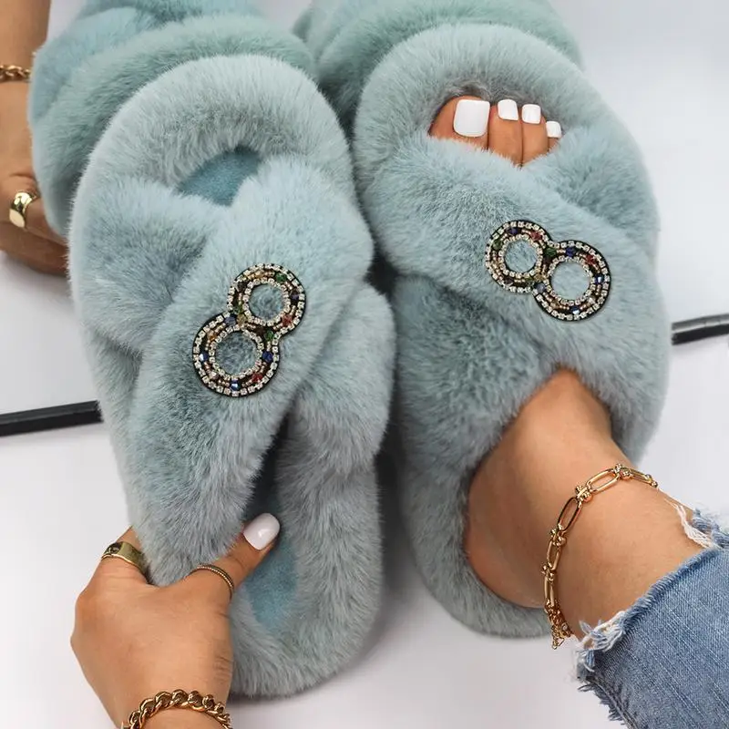 Winter Women Furry Slippers Soft Plush Faux Fur Shoes Indoor Ladies Platform Open Toe Fluffy Fur Slides House Bedroom Shoes