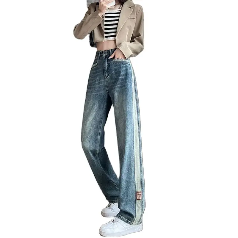 Y2K Boyfriend Jeans For Women Patchwork Mom Jeans Woman Casual Denim Pants Grunge Blue High Waisted Straight Leg  Jeans Women