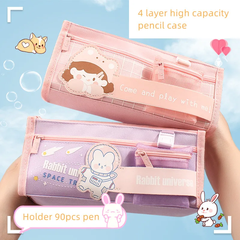 Cute Catoon Pencil Case Korean Lovely Bunny Bear Pencil Bag Canva High Capacity Stationery Storage Bag Student Back To School