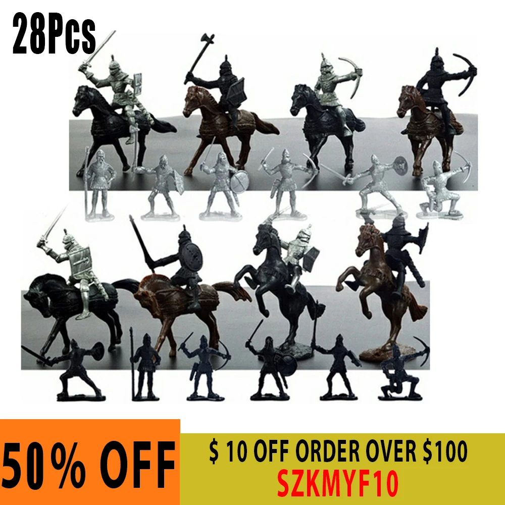 

28Pcs/Set Medieval Knights Warriors Horses Kids Toy Figures Static Model Playset Playing On Sand Castles (20 Soldiers+8 Horse)