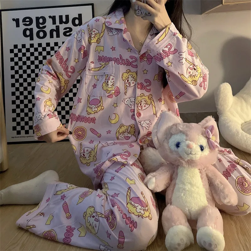 Pink Pajamas for Girls Women Sweet Homesuit Japan Cute Pyjama Sailor pattern Sin Chanv Nightwear Casual Long Sleeves Spring Cozy